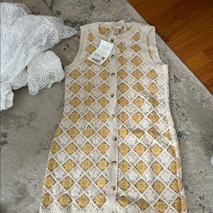 Sezane Cream and Gold Crochet Dress